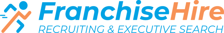 Franchise Hire Franchise Executive Search and Franchise Recruiting Logo Running Man and Company name in orange and blue