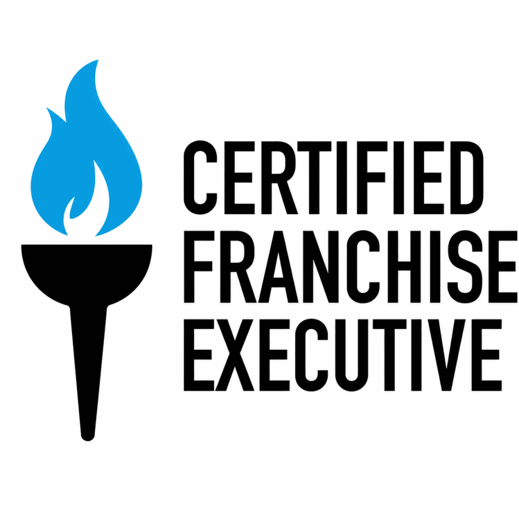 Certified Franchise Executive logo with blue flame torch icon and bold black stacked text
