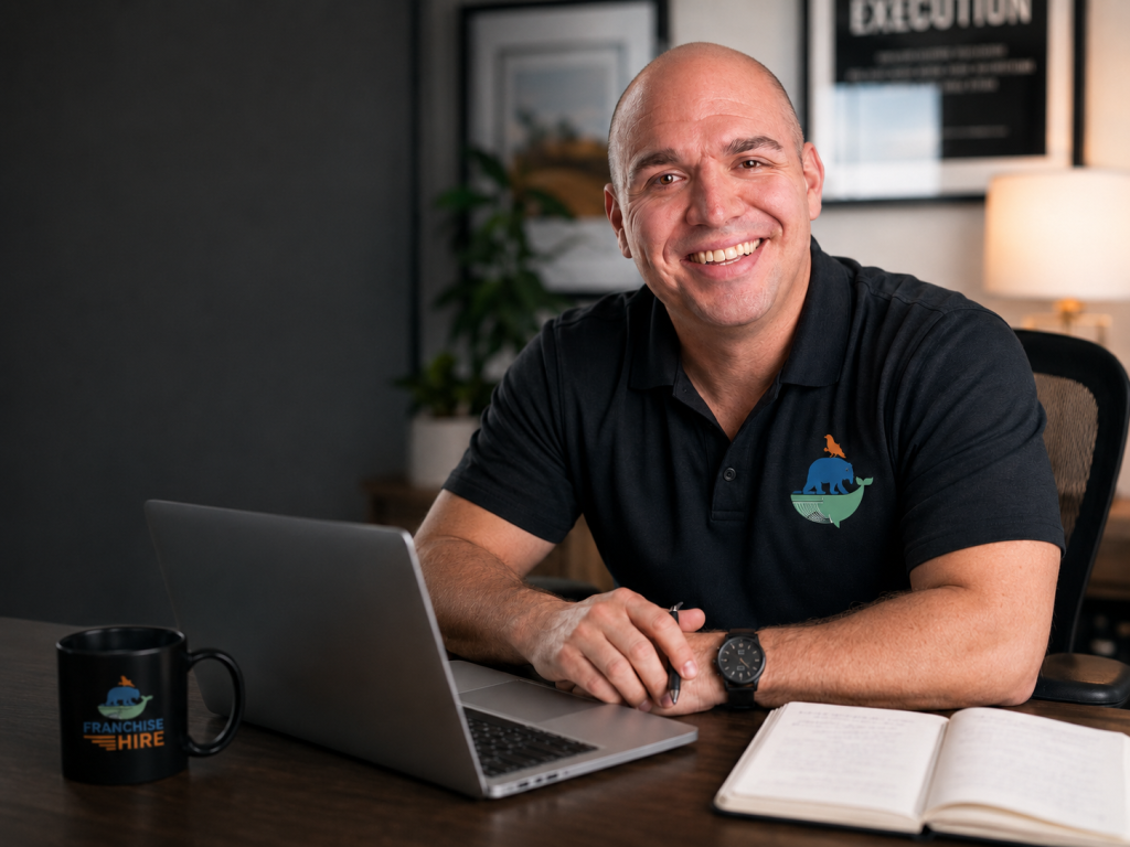 founder of Franchise Hire, at his desk wearing a Franchise Hire polo